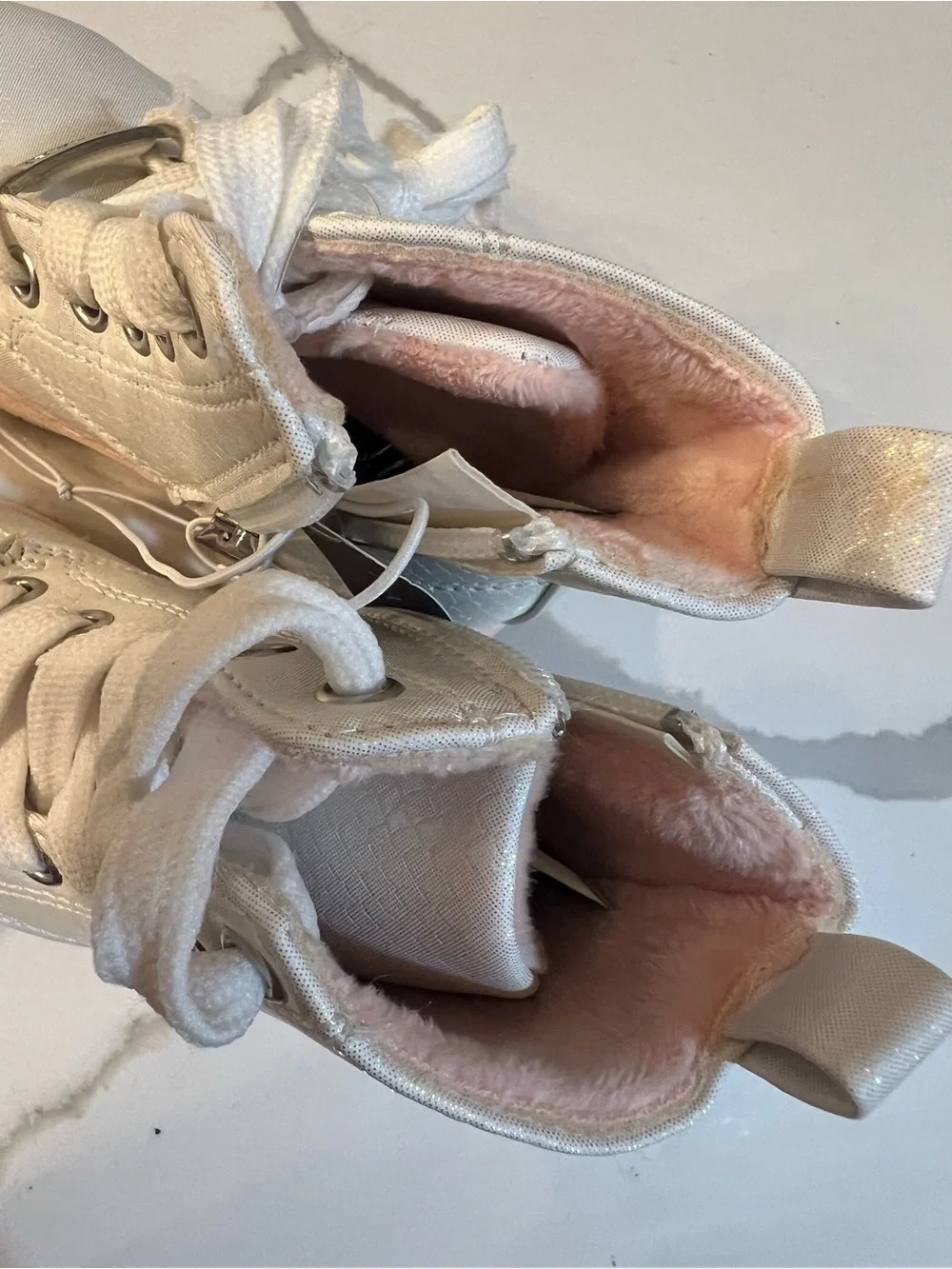 Tahari Kids Iridescent White Lace-Up Boots with Pink Soles